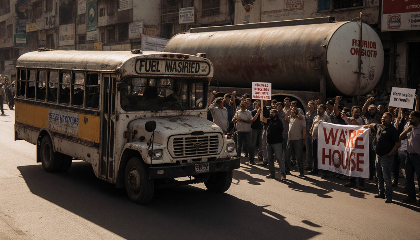 Protesters holding signs block traffic with a sputtering bus and a parked fuel tanker under warm sunlight