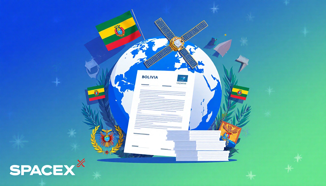 Globe with satellite hovering above Bolivia and stack of documents with flag patterns in foreground
