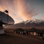 Satellite dish reflecting sunset hues on dusty hill with Andes mountains in background and distant village below