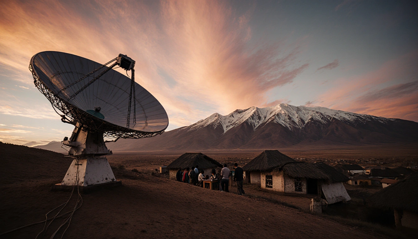 Satellite dish reflecting sunset hues on dusty hill with Andes mountains in background and distant village below
