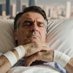 Bolsonaro’s weary hands lie on a hospital bed with a faint bandage and warm light while a blurred Brasília skyline looms.