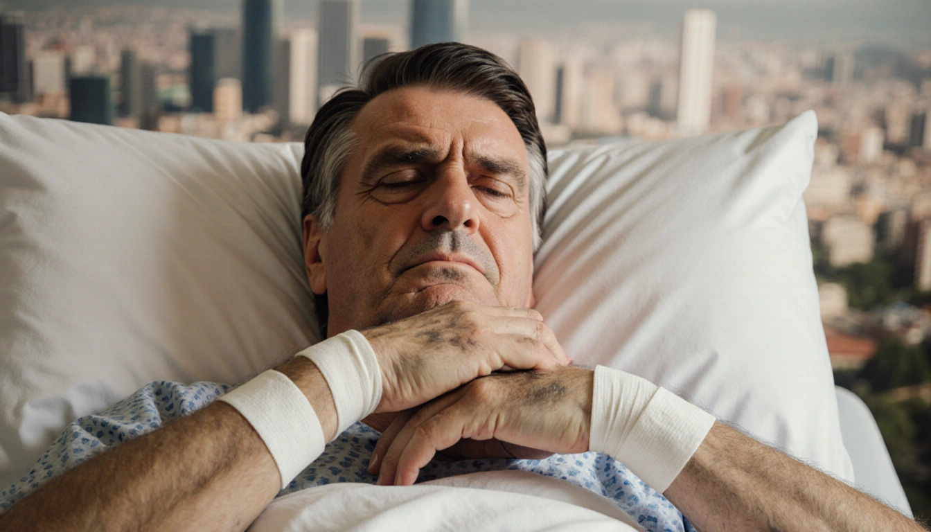 Bolsonaro’s weary hands lie on a hospital bed with a faint bandage and warm light while a blurred Brasília skyline looms.