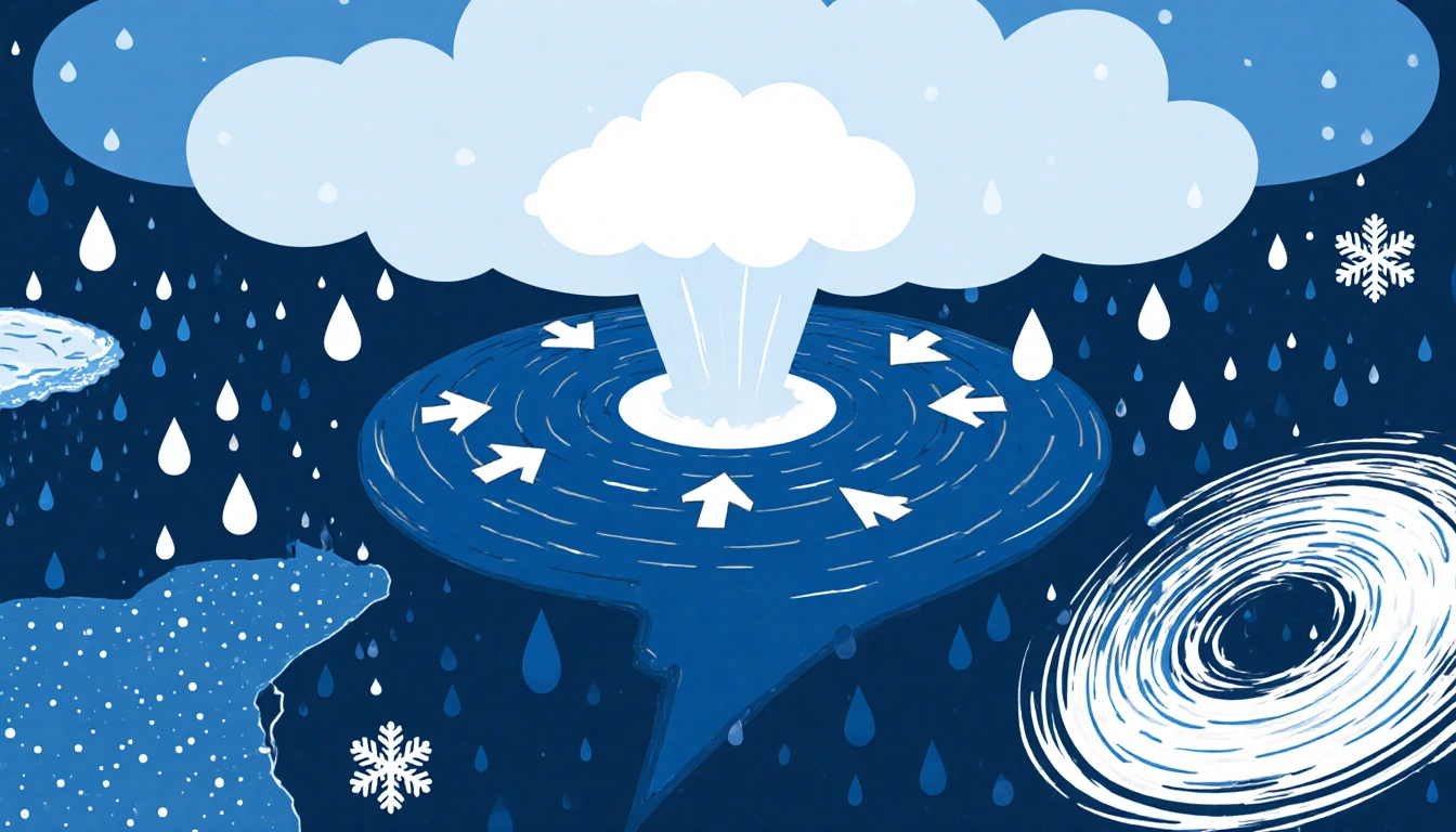 Low-pressure system swirling with bomb-shaped arrows and dark blue storm clouds