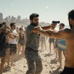 Ahmed al Ahmed disarms a gunman with a firearm amid shocked Bondi Beach beachgoers.