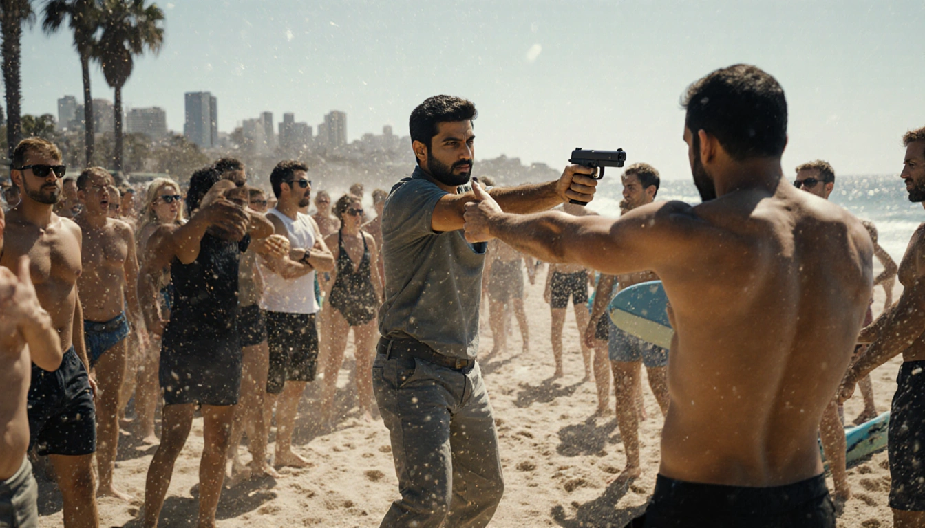 Ahmed al Ahmed disarms a gunman with a firearm amid shocked Bondi Beach beachgoers.