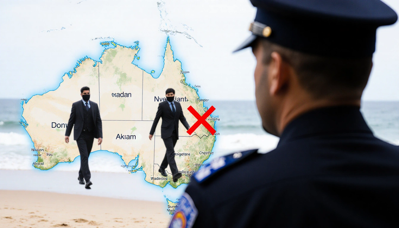 Police officer standing before a map of Australia with a red X over Bondi Beach and blurred figures walking away in backgroun