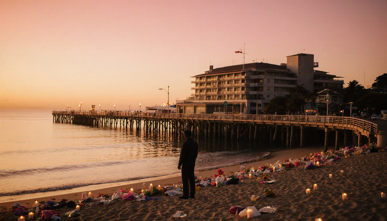 Figure standing on beach sand gazing at sea with candles and flowers reflecting on calm water