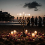 Menorah burning with concerned faces on Bondi Beach at sunset, candles and police tape scattered around.