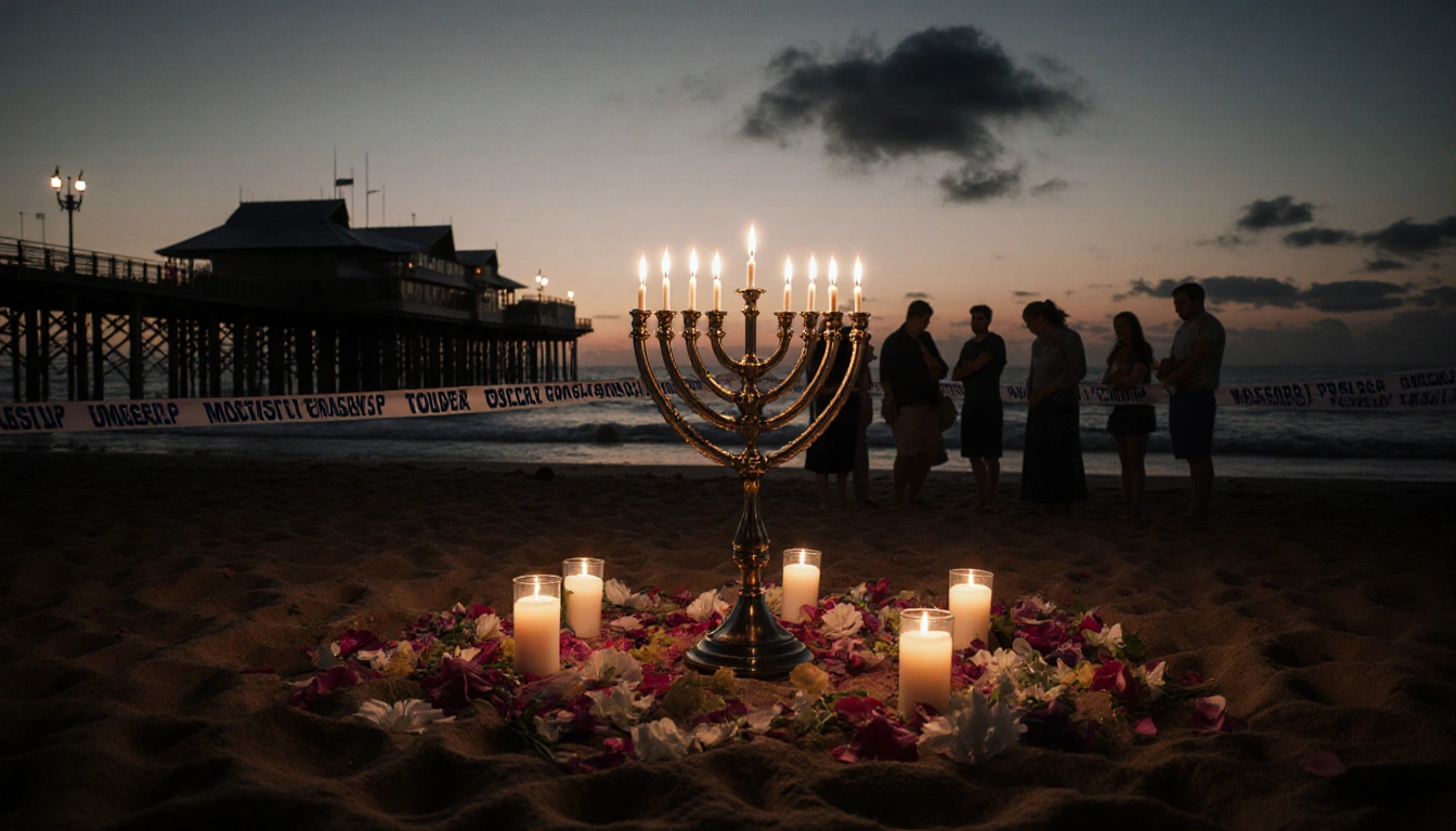 Menorah burning with concerned faces on Bondi Beach at sunset, candles and police tape scattered around.