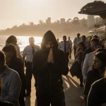 Lone figure praying on misty Bondi Beach promenade with police and forensic officers nearby