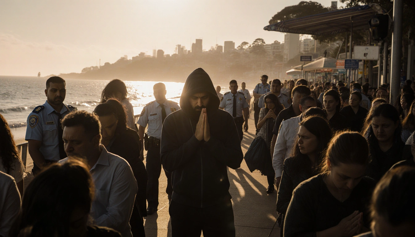 Lone figure praying on misty Bondi Beach promenade with police and forensic officers nearby