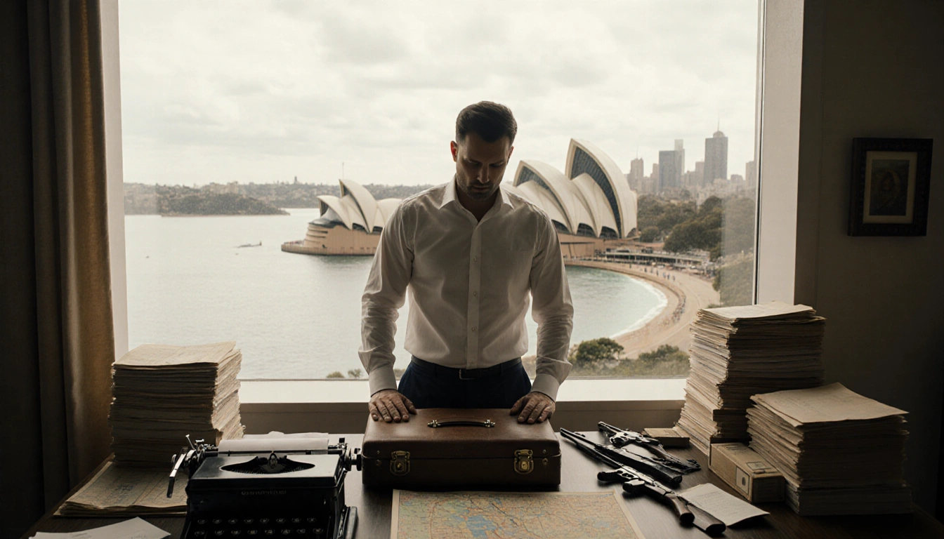 Man sits at cluttered desk with vintage typewriter and briefcase while looking down Bondi Beach backdrop