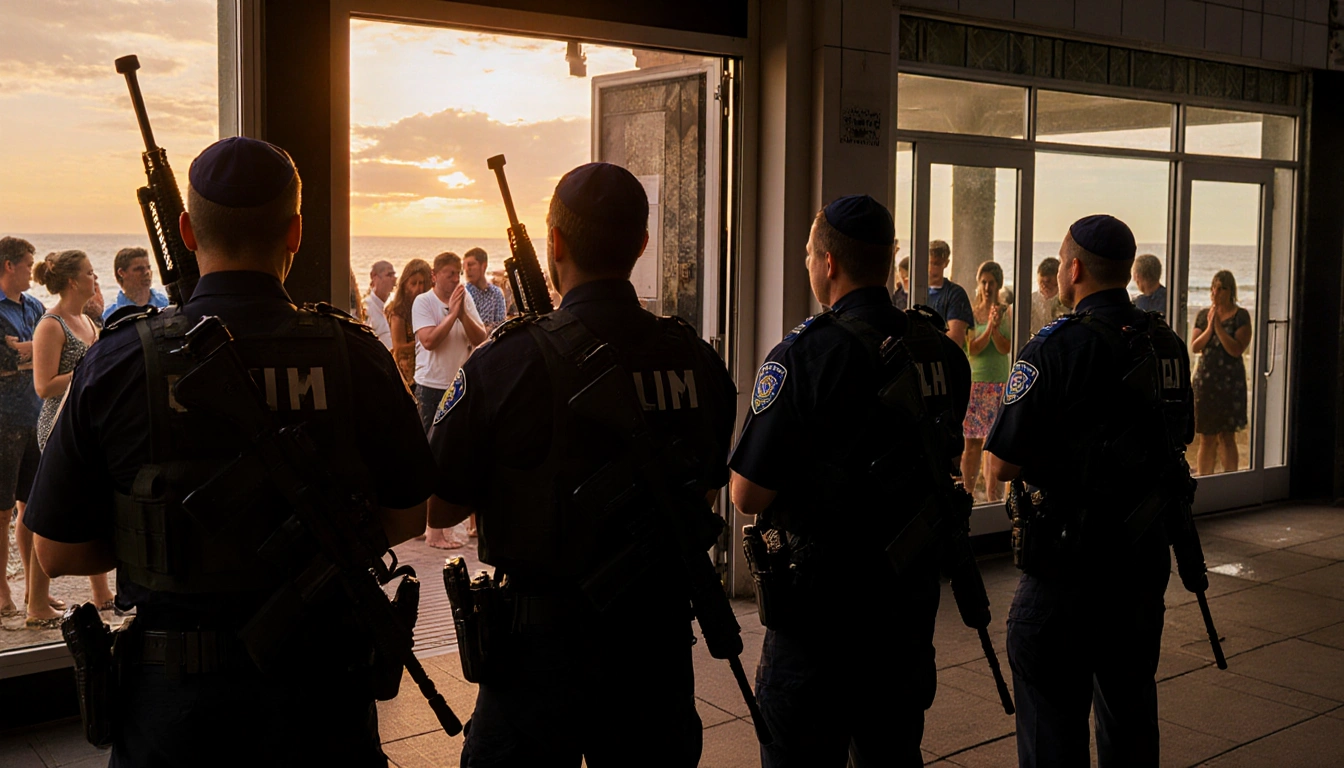 Police officers stand in formation with rifles at Bondi Beach sunrise and open synagogue windows