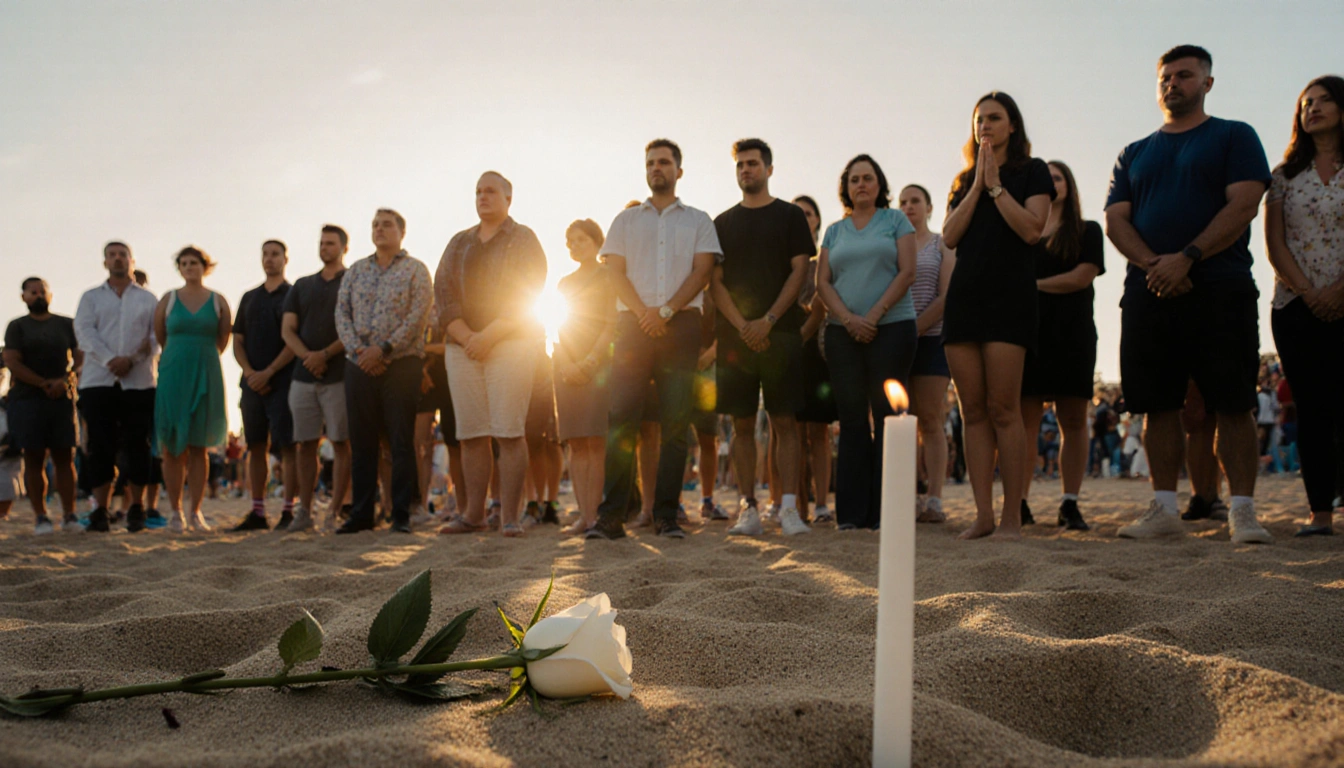 Community mourners standing with a white rose symbolizing remembrance on sand and sunset light over Bondi Beach promenade