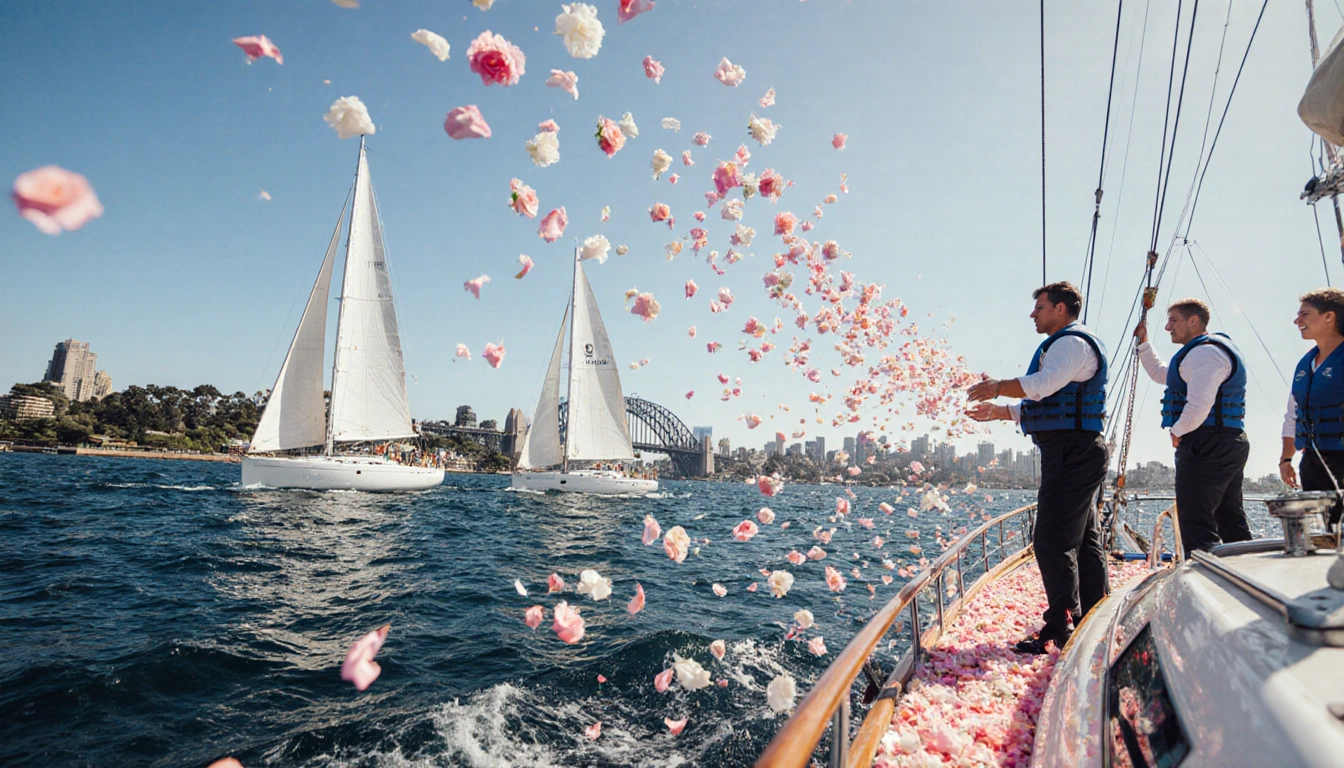 Sailboats scattering rose petals with pastel pink and white hues against blue ocean near Bondi Beach