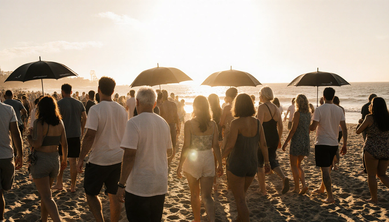People strolling along Bondi Beach sand with umbrellas and warm golden sunrise light