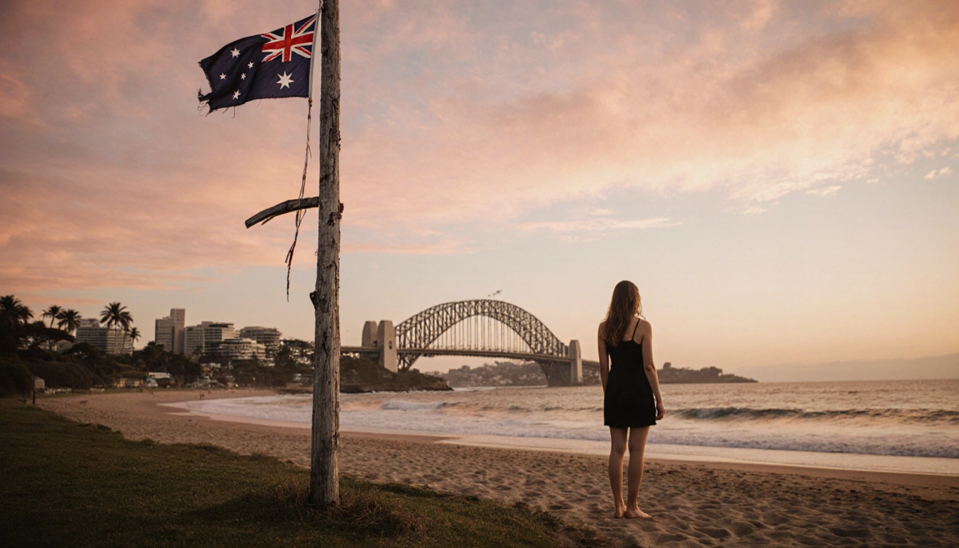 Female figure standing with back to viewer looking out over Bondi Beach at dusk and a torn flagpole