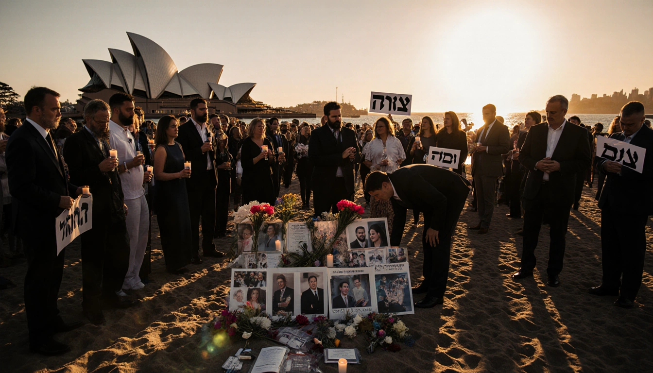 Mourners holding candles and flowers at Bondi Beach with sunset light and the Sydney Opera House in the distance