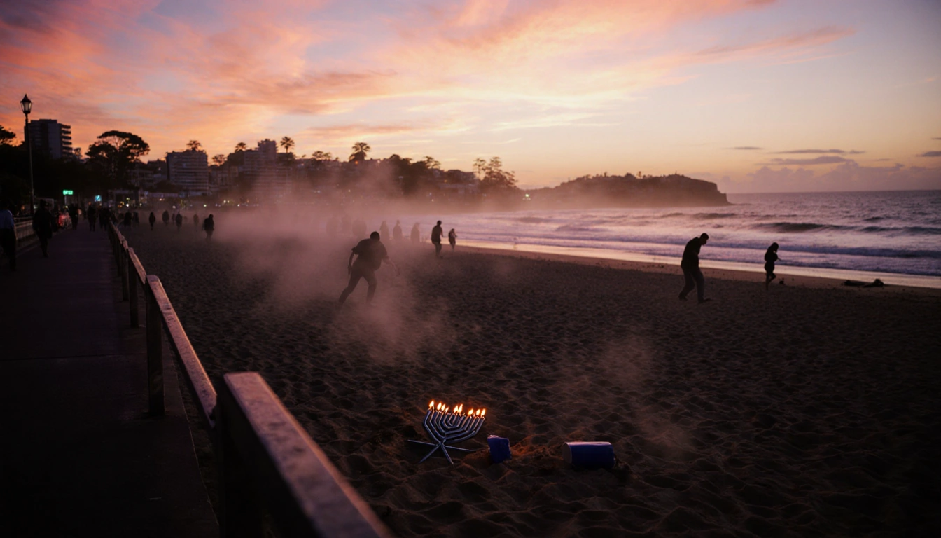 Silhouettes flee from Bondi Beach shore with sunset glow and abandoned candles