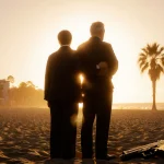 Two figures standing side by side with a gun on the sand under a Bondi Beach sunset.