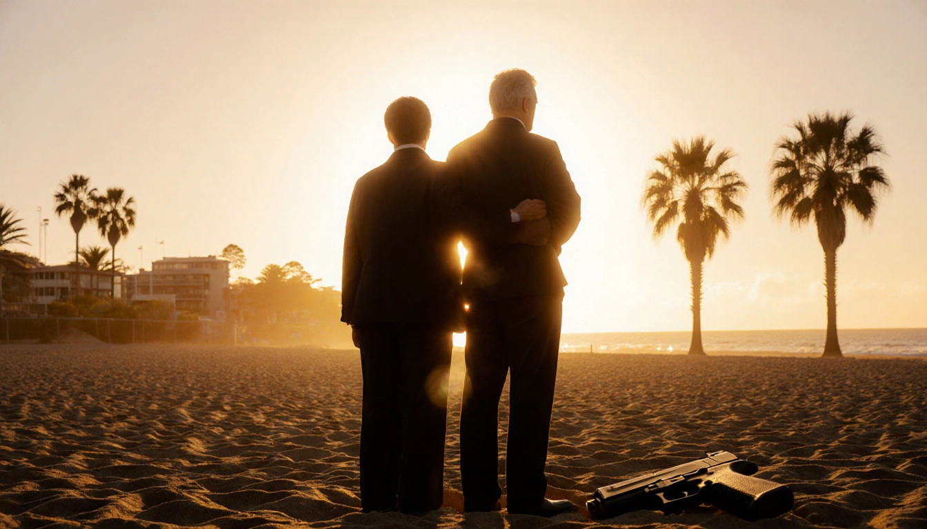 Two figures standing side by side with a gun on the sand under a Bondi Beach sunset.