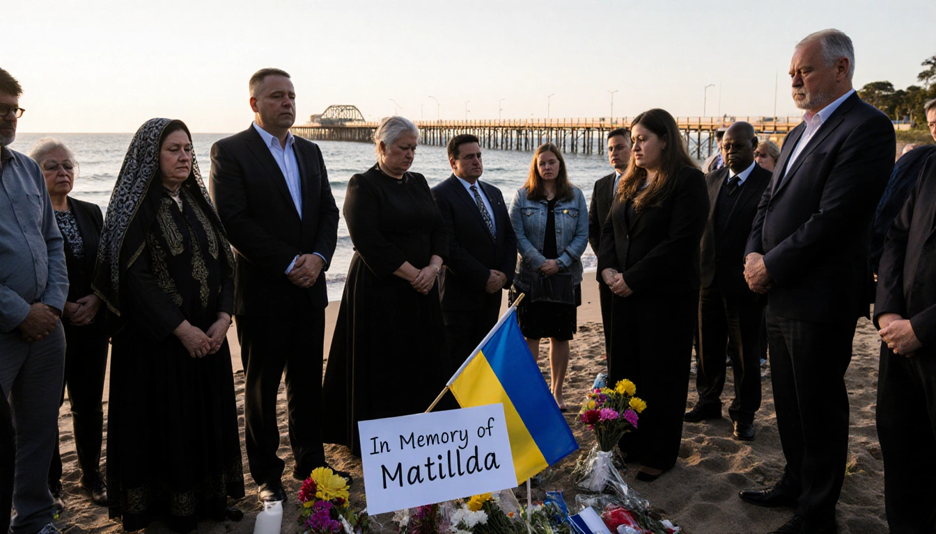 Mourners gather around makeshift memorial with Ukrainian flag and In Memory of Matilda banner on Bondi Beach