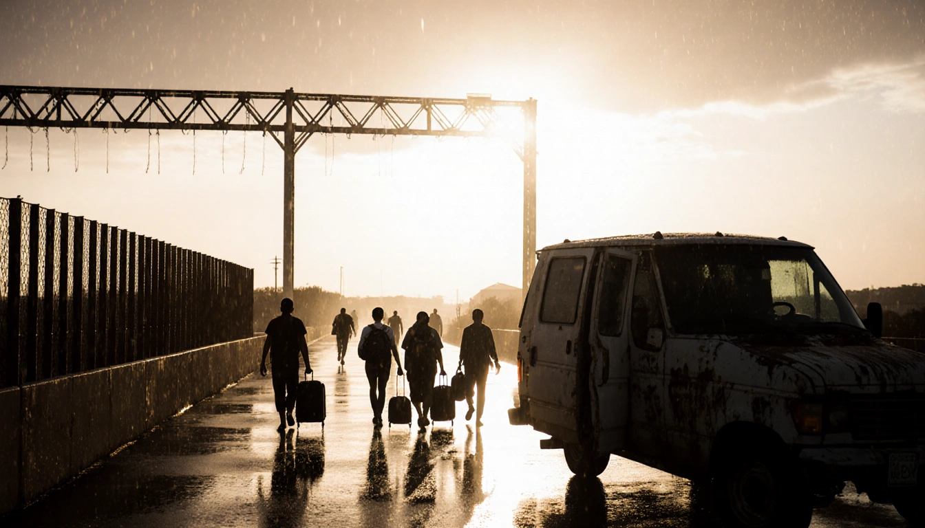 Mexican nationals walking toward a rain‑slick border crossing with a lone open deportation van nearby.