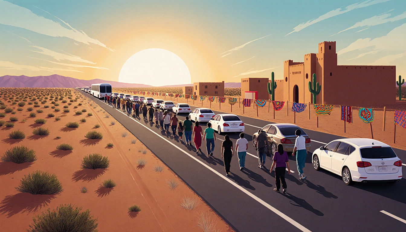 Thousands of people walking in a border crossing line toward horizon with desert highway cars and adobe buildings.