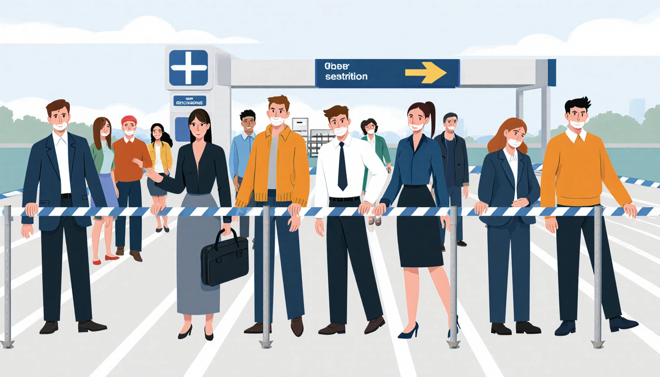 Diplomats are escorted confidently through a border checkpoint with visible security guards and anxious visitors standing nea