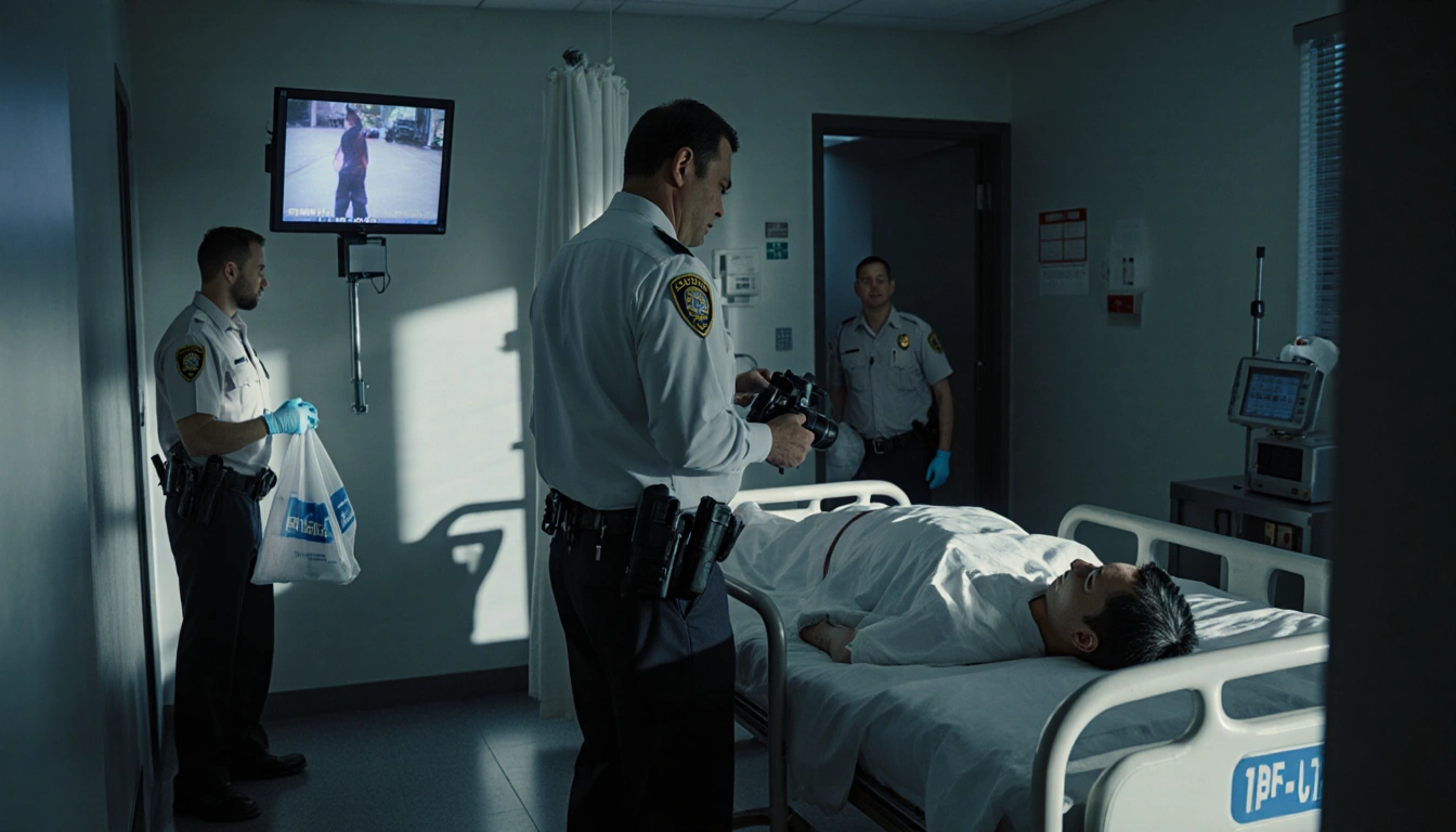Border Patrol agent holding camera near a lifeless body in a dim hospital room with faint surveillance monitor background