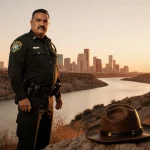Jesse D. Muñoz stands looking at camera with U.S. Border Patrol uniform and Rio Grande river and El Paso skyline at sunset