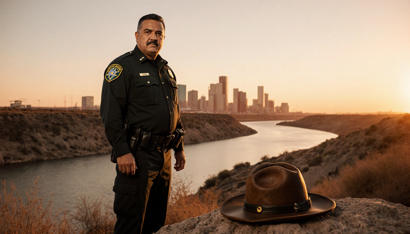 Jesse D. Muñoz stands looking at camera with U.S. Border Patrol uniform and Rio Grande river and El Paso skyline at sunset