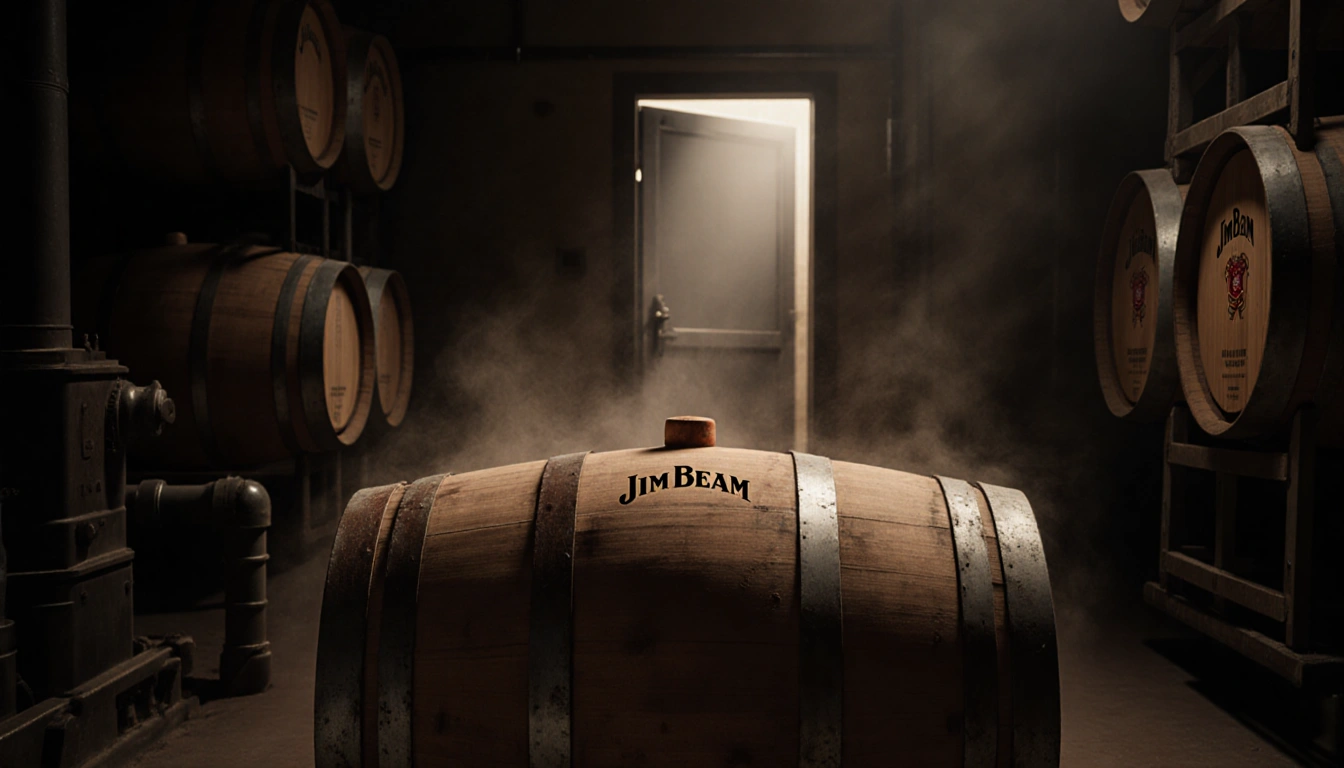 A Jim Beam barrel sits prominently in a misty bourbon barrel room with worn staves and rusty bands.