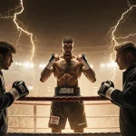 Anthony Joshua stands in boxing ring with fists clenched eyeing Jake Paul under golden light against London arena backdrop