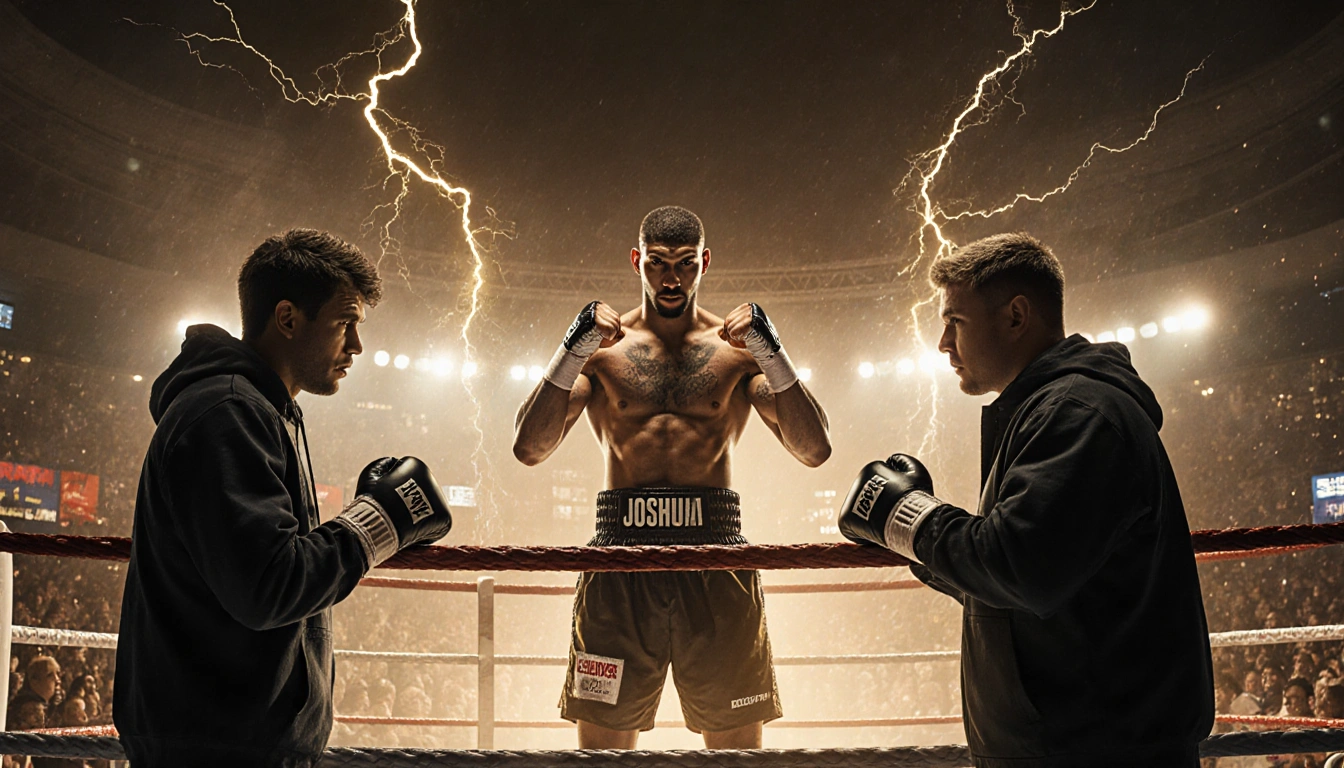 Anthony Joshua stands in boxing ring with fists clenched eyeing Jake Paul under golden light against London arena backdrop