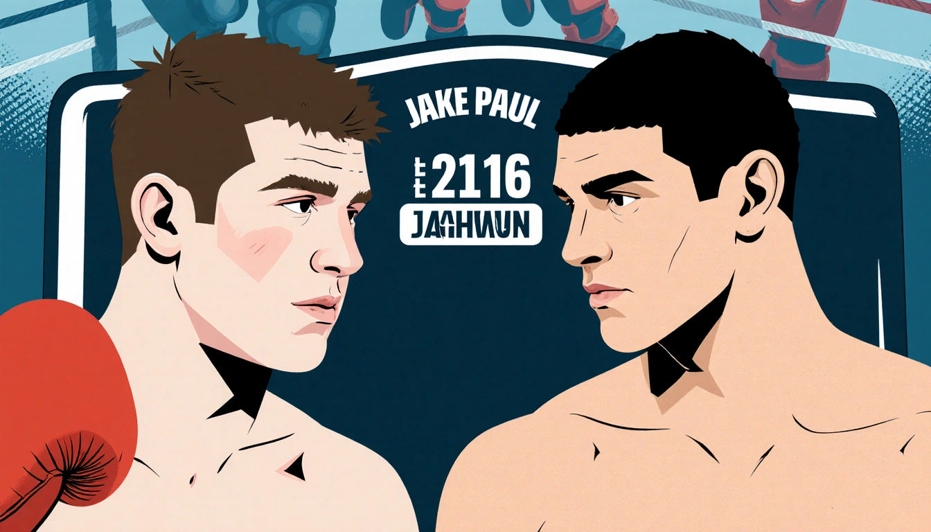 Weigh-in scale displays Jake Paul at 216 pounds and Anthony Joshua at 243 pounds with a blurred boxing ring in background