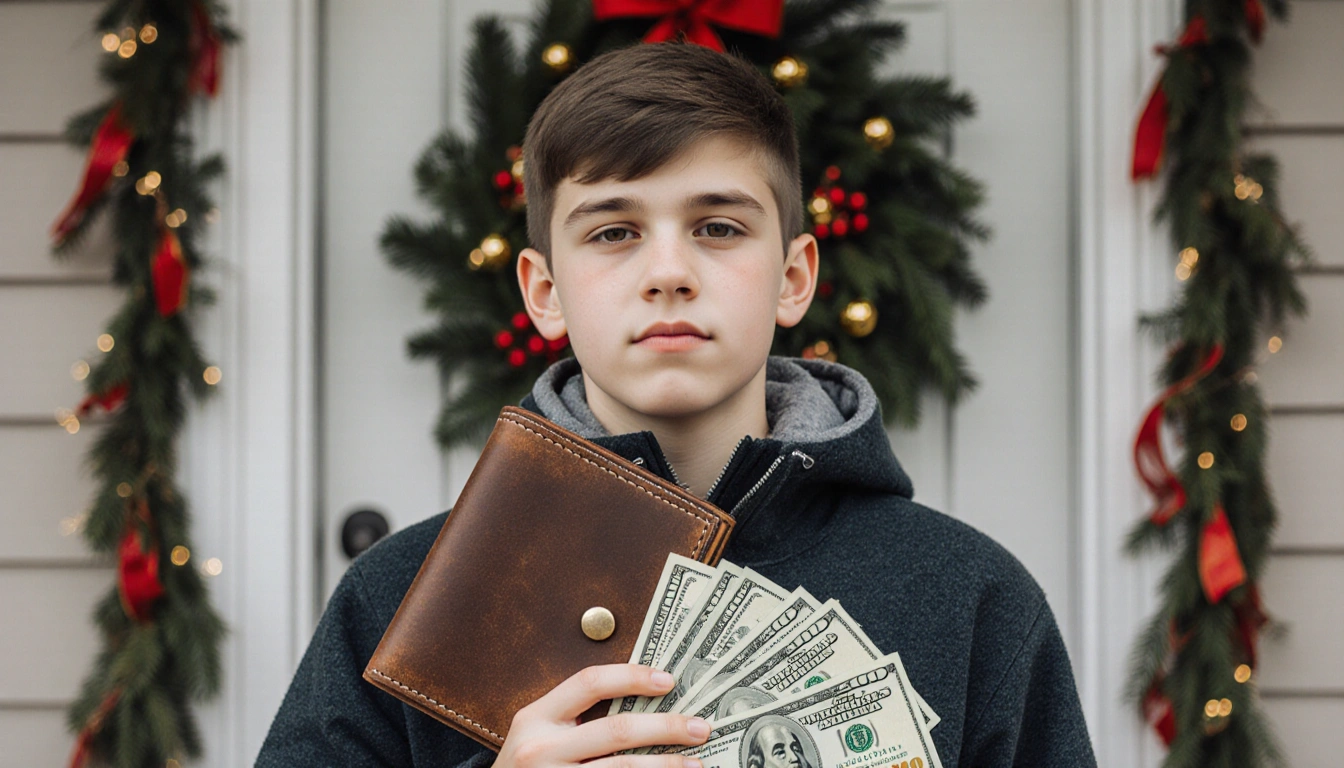 14-year-old boy holding stack of $20 bills for fundraising with wallet wreath on door for Wreaths with determined expression