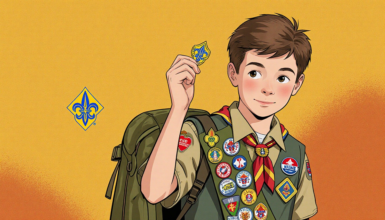 Young scout boy holding new merit badge with accomplishment glow and colorful badges on his vest near a small Cub Scout logo