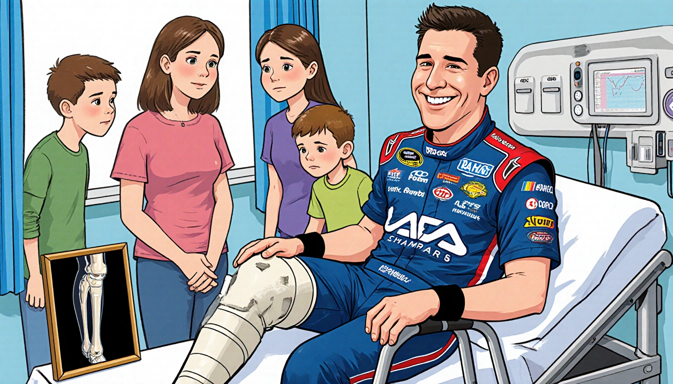 Brad Keselowski sits on hospital exam table with a cast and walker while his wife and children watch supportively