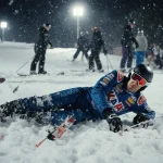 Brad Keselowski lying on snowy ground with scattered ski gear and nearby skiers in chaotic scene