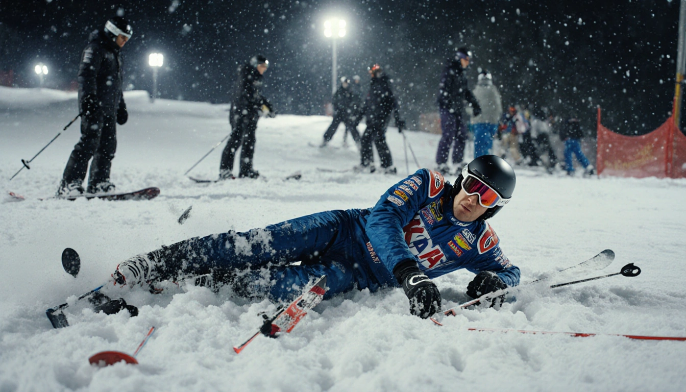 Brad Keselowski lying on snowy ground with scattered ski gear and nearby skiers in chaotic scene
