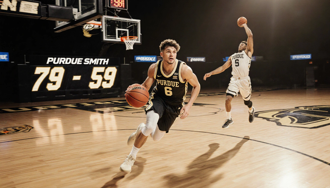 Braden Smith dribbling mid-air with Oscar Cluff shooting a three in background and scoreboard reading 79-59 near Purdue logo