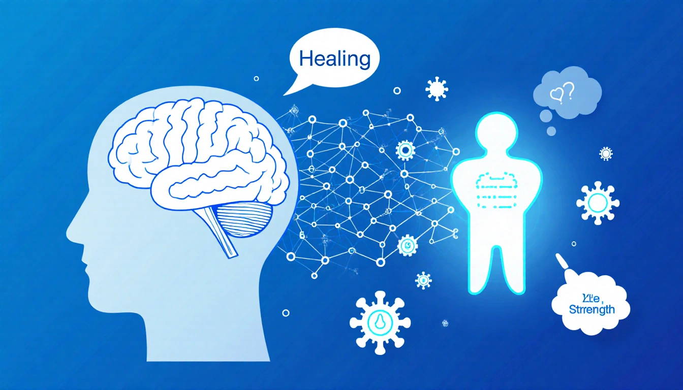 Brain with neural pathways connecting to glowing immune cells while speech bubbles carry Healing and Strength in blue hues
