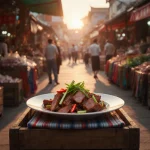 Plate presenting braised pork belly with scallions and chili peppers with market stall background