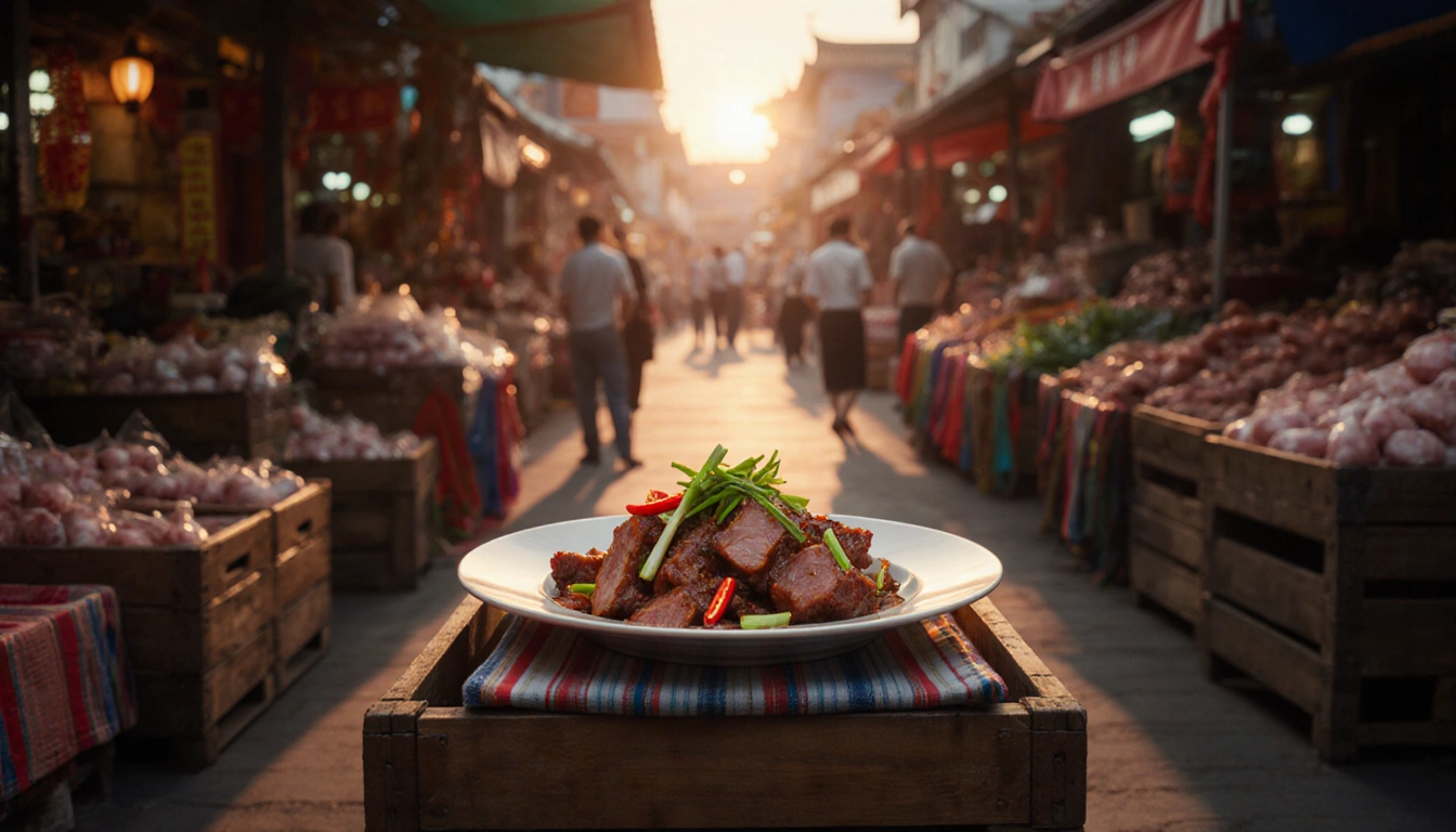 Plate presenting braised pork belly with scallions and chili peppers with market stall background