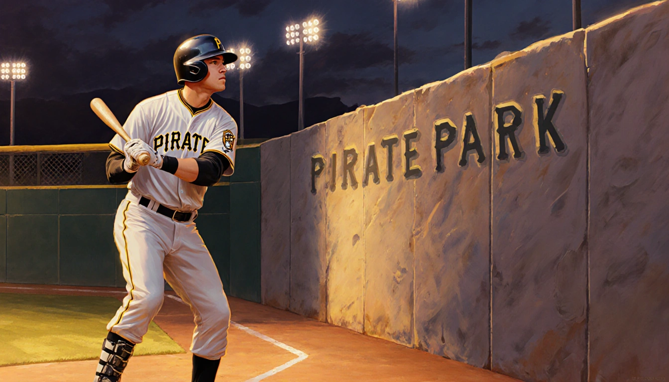 Brandon Lowe stepping up to the plate with a bat and determined look near the 21-foot Clemente Wall at PNC Park.