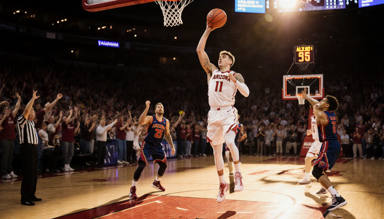 Brayden Burries sinks a three-pointer with sunset scoreboard reading 96-75 and fans in background