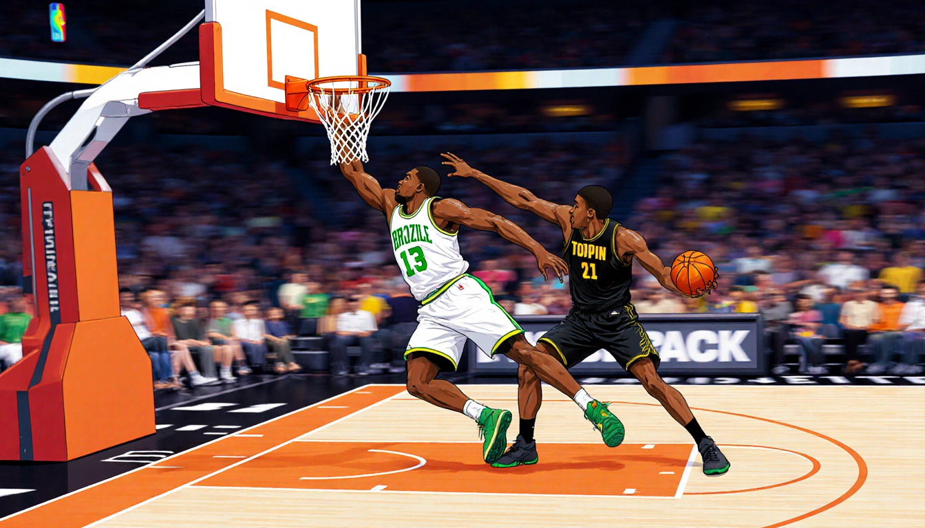 Brazile drives toward the basket with Toppin airborne as he slams a powerful dunk over defenders