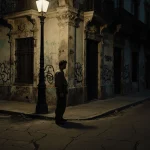 Lone figure gazing at the camera with a dimly-lit 1970s Brazilian street corner with graffiti walls and a vintage streetlamp.