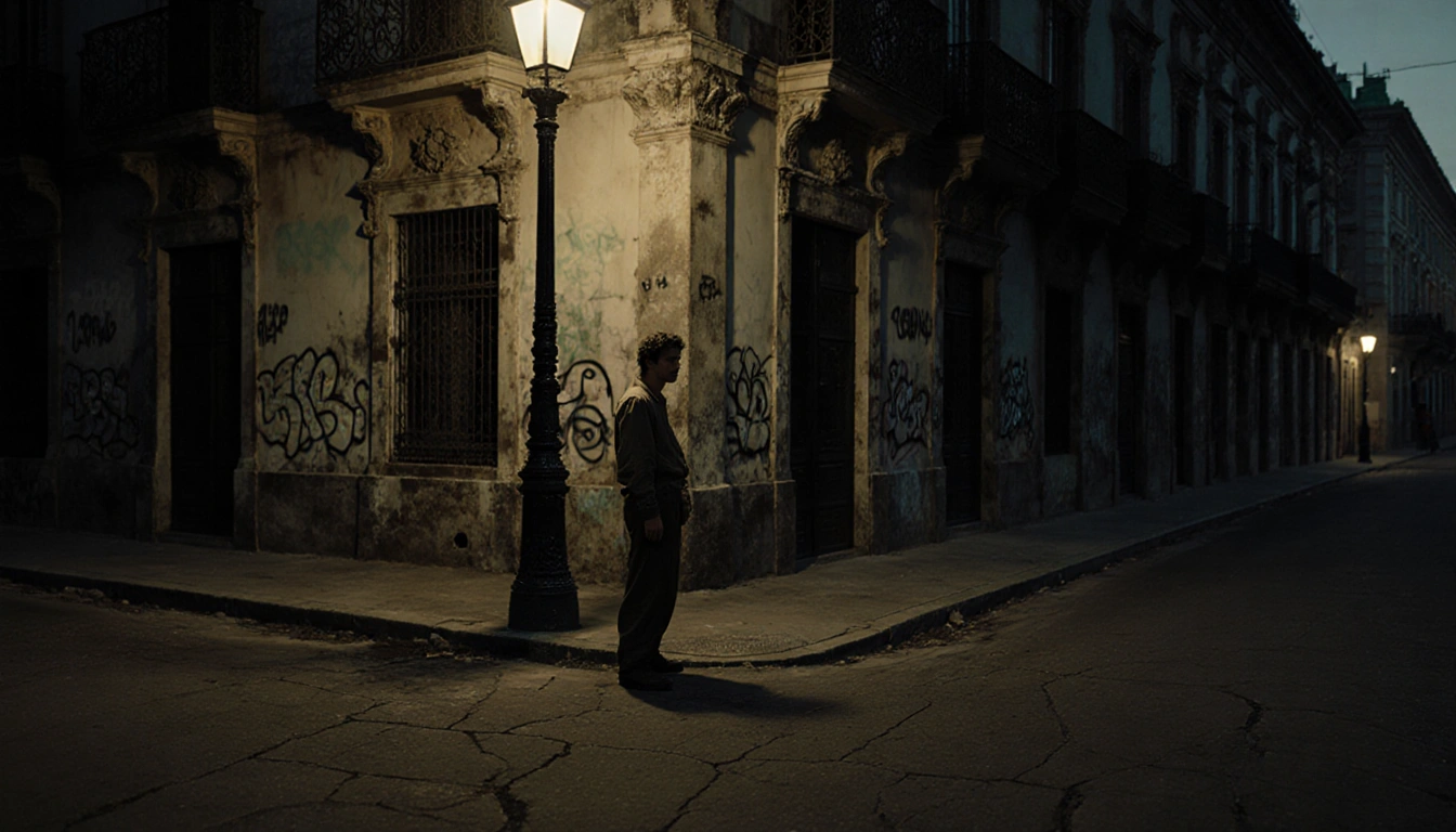 Lone figure gazing at the camera with a dimly-lit 1970s Brazilian street corner with graffiti walls and a vintage streetlamp.